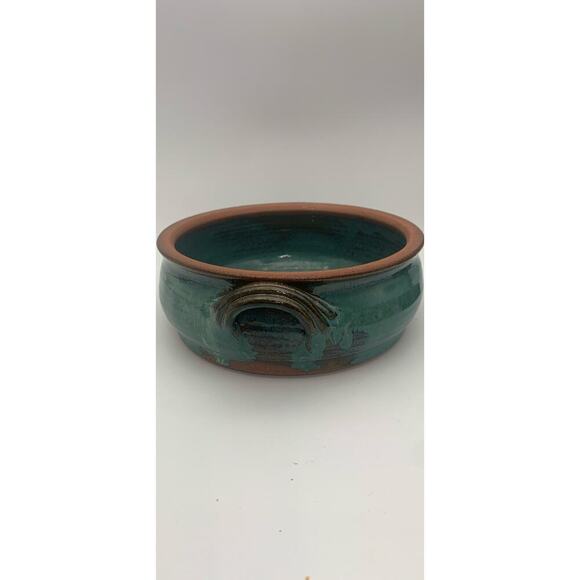 Vintage Signed Art Pottery Bowl Blue Drop Glaze Handles 8+ Inches Wide - Picture 4 of 7